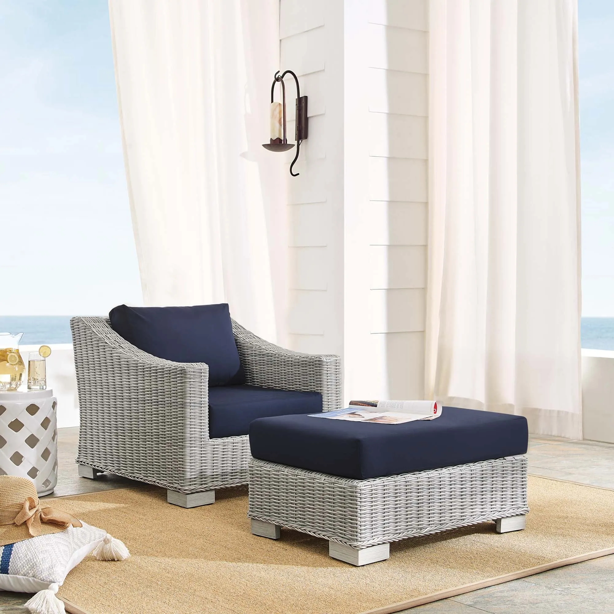 Conway Sunbrella® Outdoor Patio Wicker Rattan 2-Piece Armchair and Ottoman Set by Modway