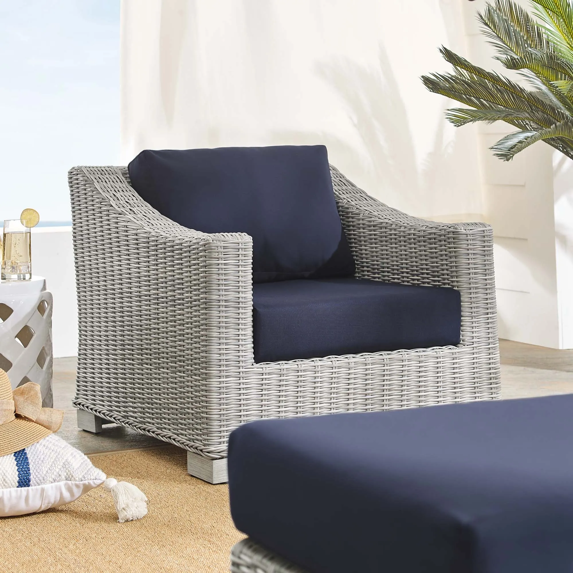Conway Sunbrella® Outdoor Patio Wicker Rattan 2-Piece Armchair and Ottoman Set by Modway