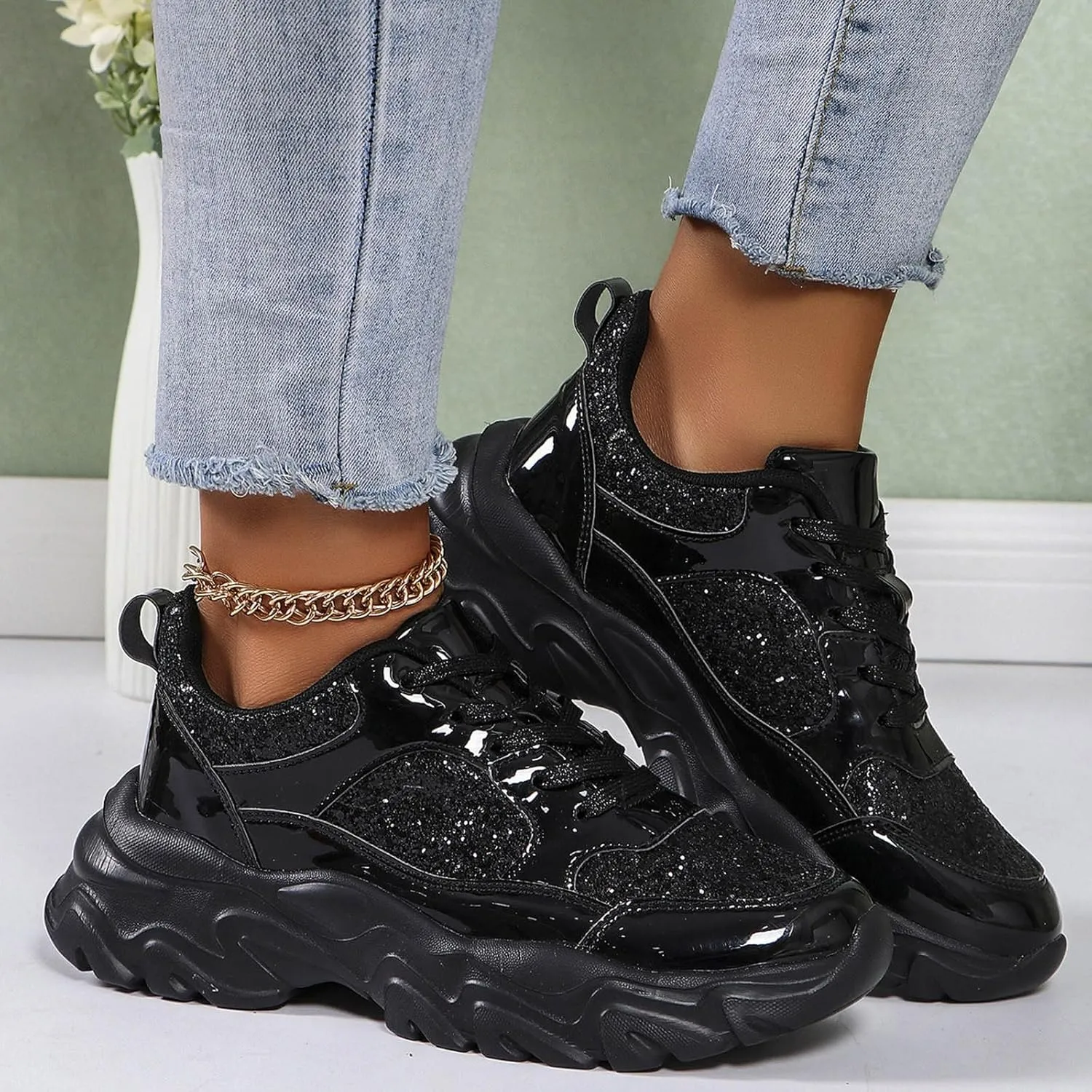 Damen Pailletten Sneakers Plateau Trainer Schuhe Walkingschuhe Freizeitschuhe Atmungsaktiv Indoor Soccer Shoes Women 6