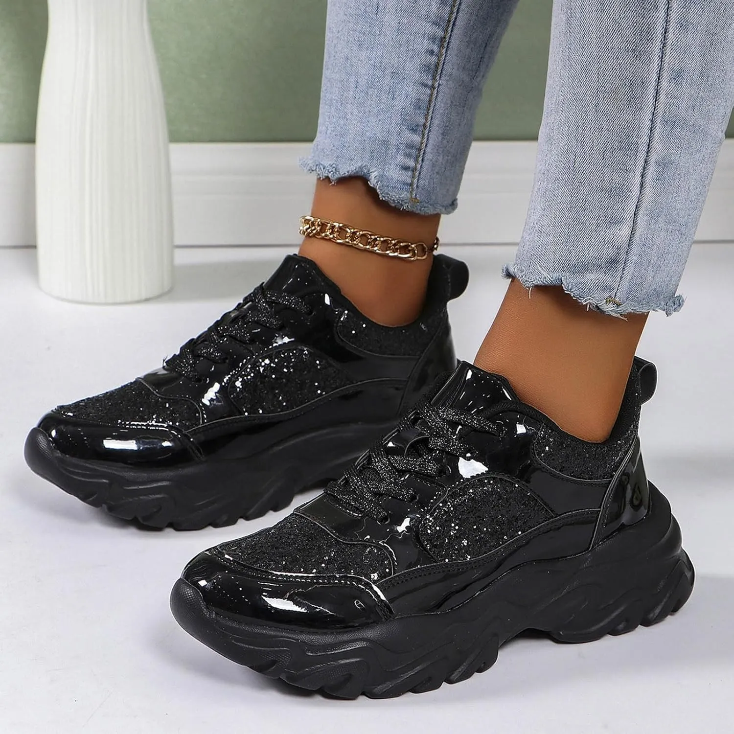 Damen Pailletten Sneakers Plateau Trainer Schuhe Walkingschuhe Freizeitschuhe Atmungsaktiv Indoor Soccer Shoes Women 6