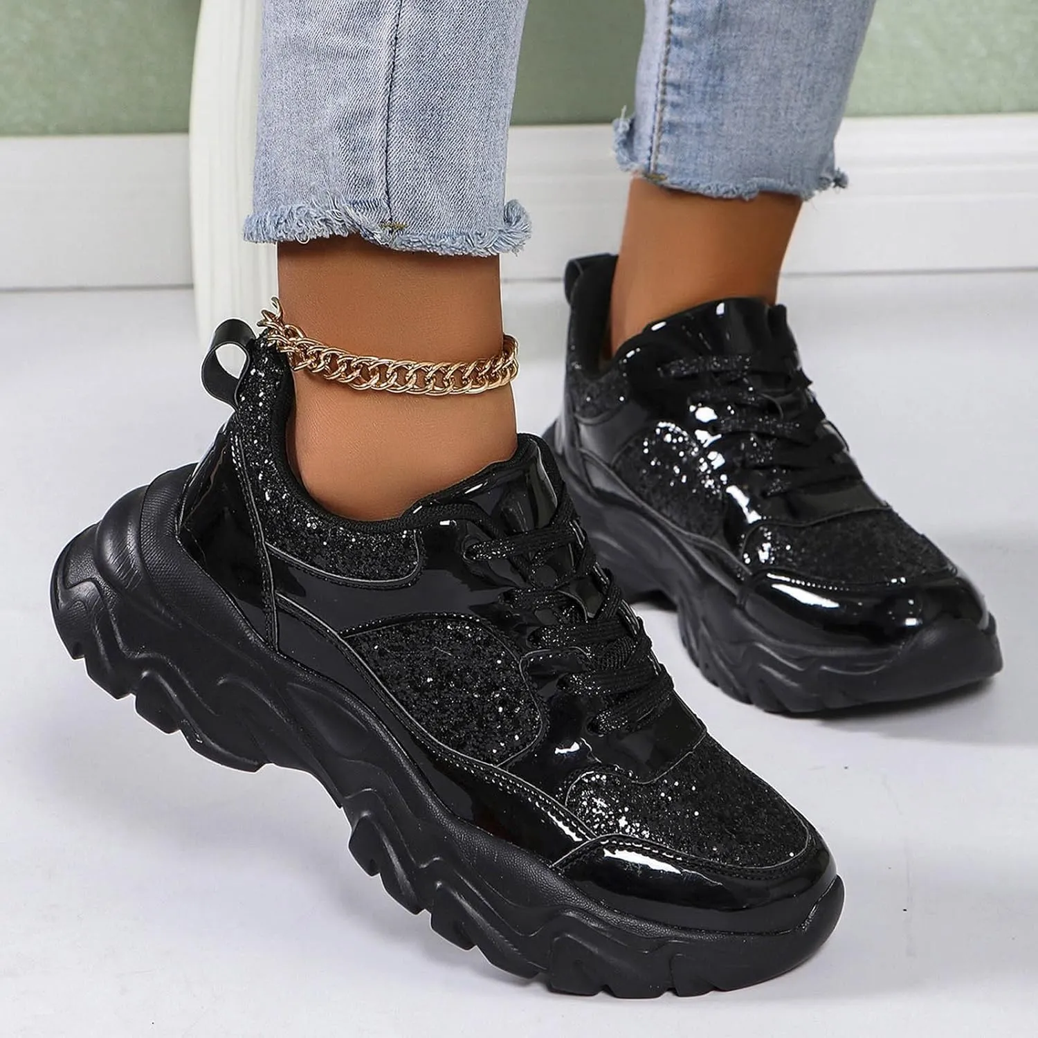 Damen Pailletten Sneakers Plateau Trainer Schuhe Walkingschuhe Freizeitschuhe Atmungsaktiv Indoor Soccer Shoes Women 6