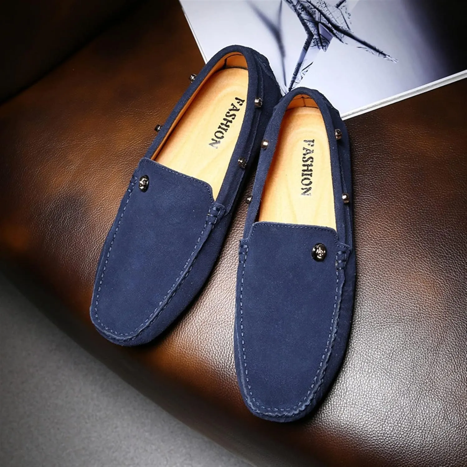 Driving Moccasins for Men Suede Vamp with Rivet Stitching Details Genuine Leather Round Toe Flat Heel Flexible Soft Resistant Driving Slip On for Any Attire