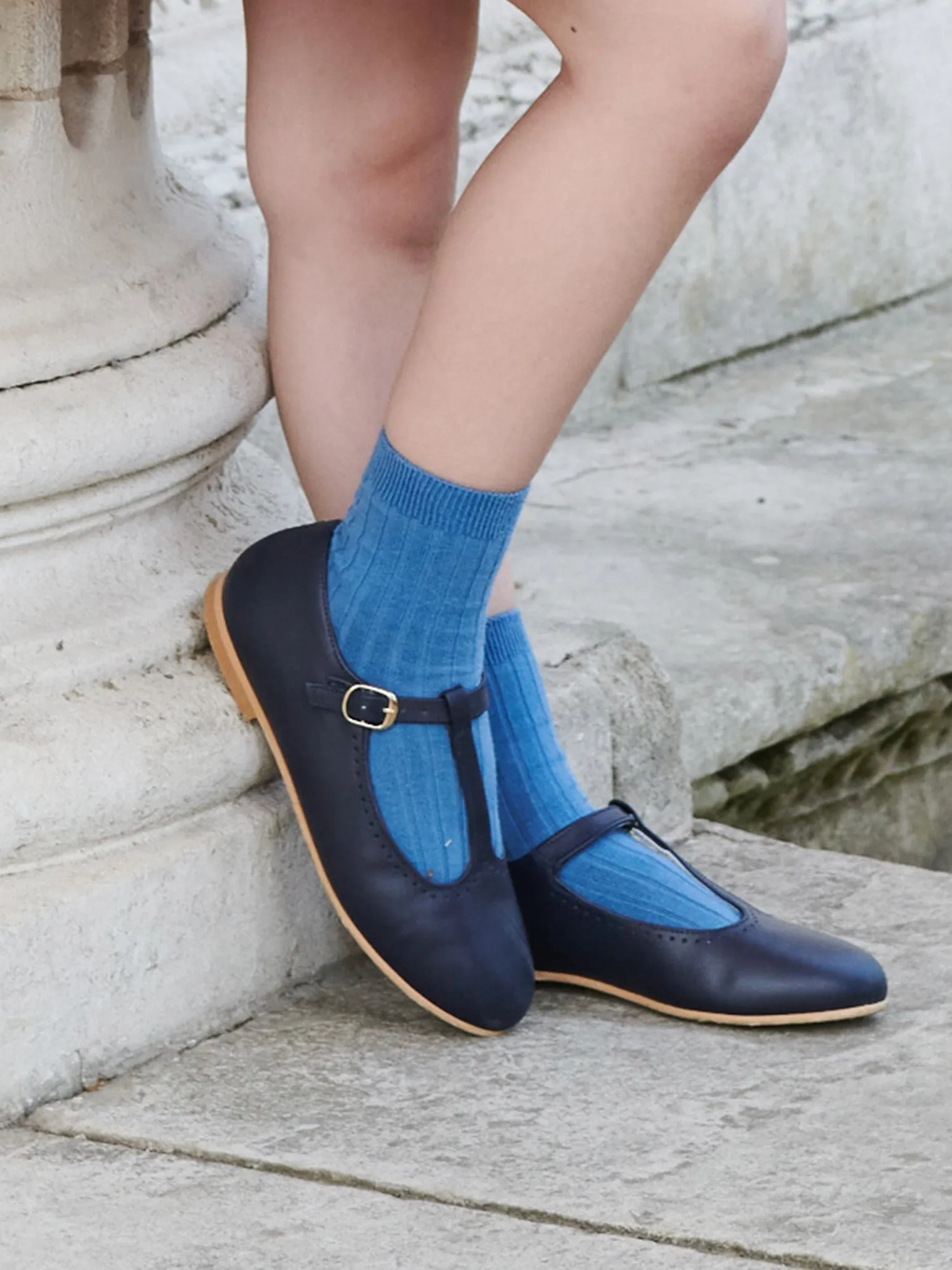 Dusty Blue Ribbed Short Kids Socks