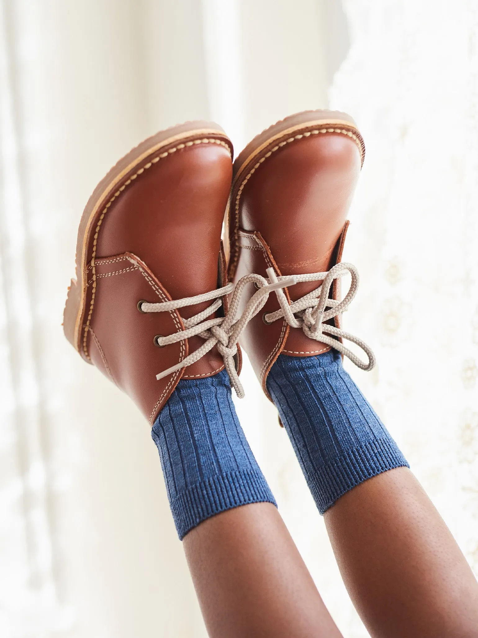 Dusty Blue Ribbed Short Kids Socks