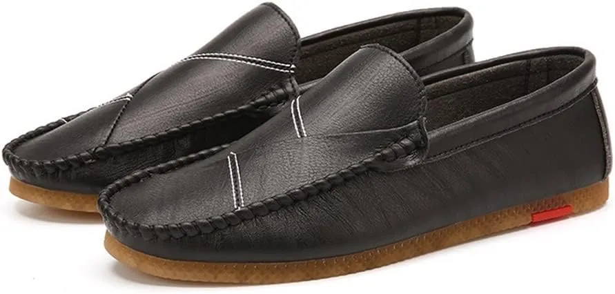 Easy to Put and Remove Driving Moccasins Loafer Shoes for Men Vegan Leather Stitching Details Rubber Sole Round Toe Flexible Resistant Flat Heel Anti-Slip Lightweight for All Occasions (Color : Black