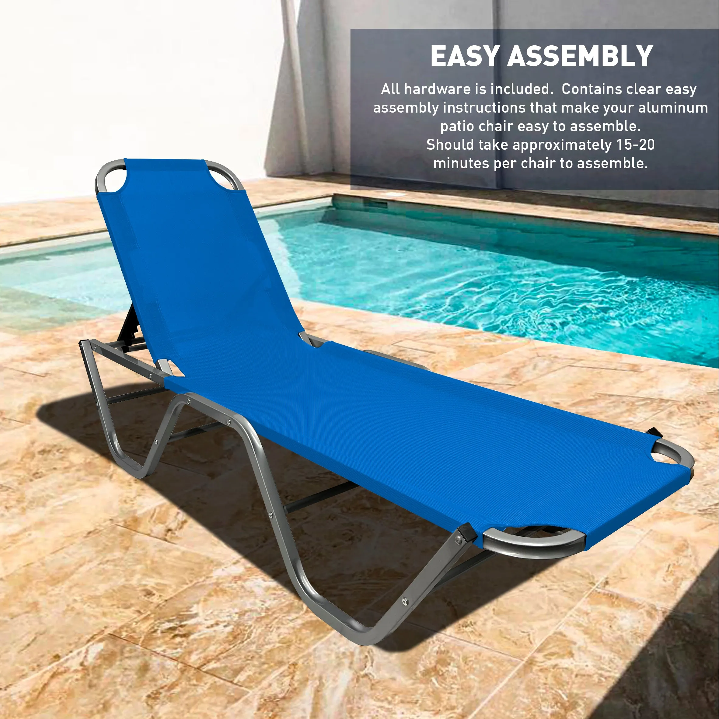 EasyGo Product Chaise Lounger – Aluminum Sun Lounge Chair – Adjustable Outdoor Patio Beach Porch Swing Pool-Five-Position Recliner-Lightweight All Weather, 2 Pack Blue