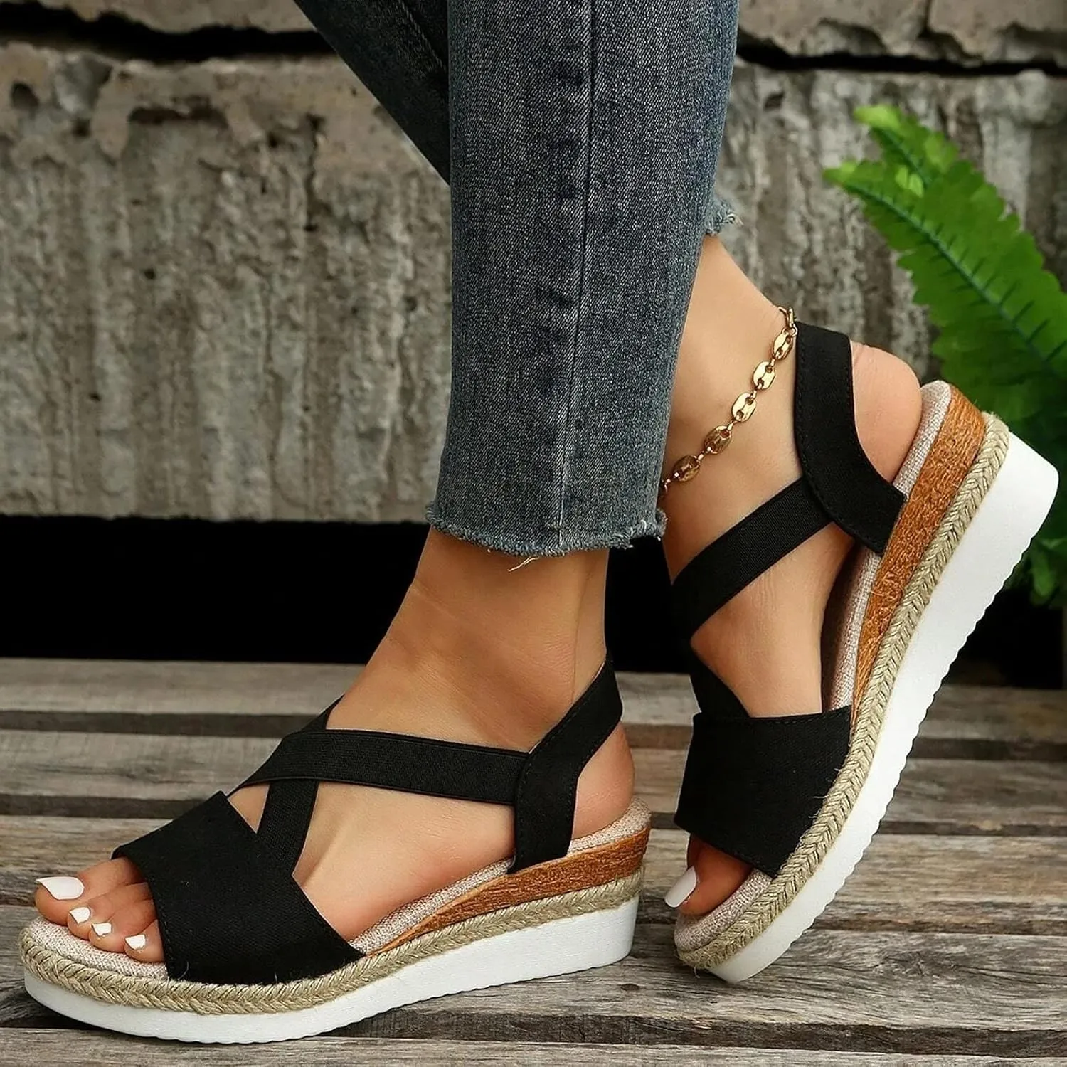 Eduavar Womens Sandals Summer Comfortable Open Toe Buckle Ankle Strap Espadrilles Flatform Wedge Casual Shoes Soft Footbed