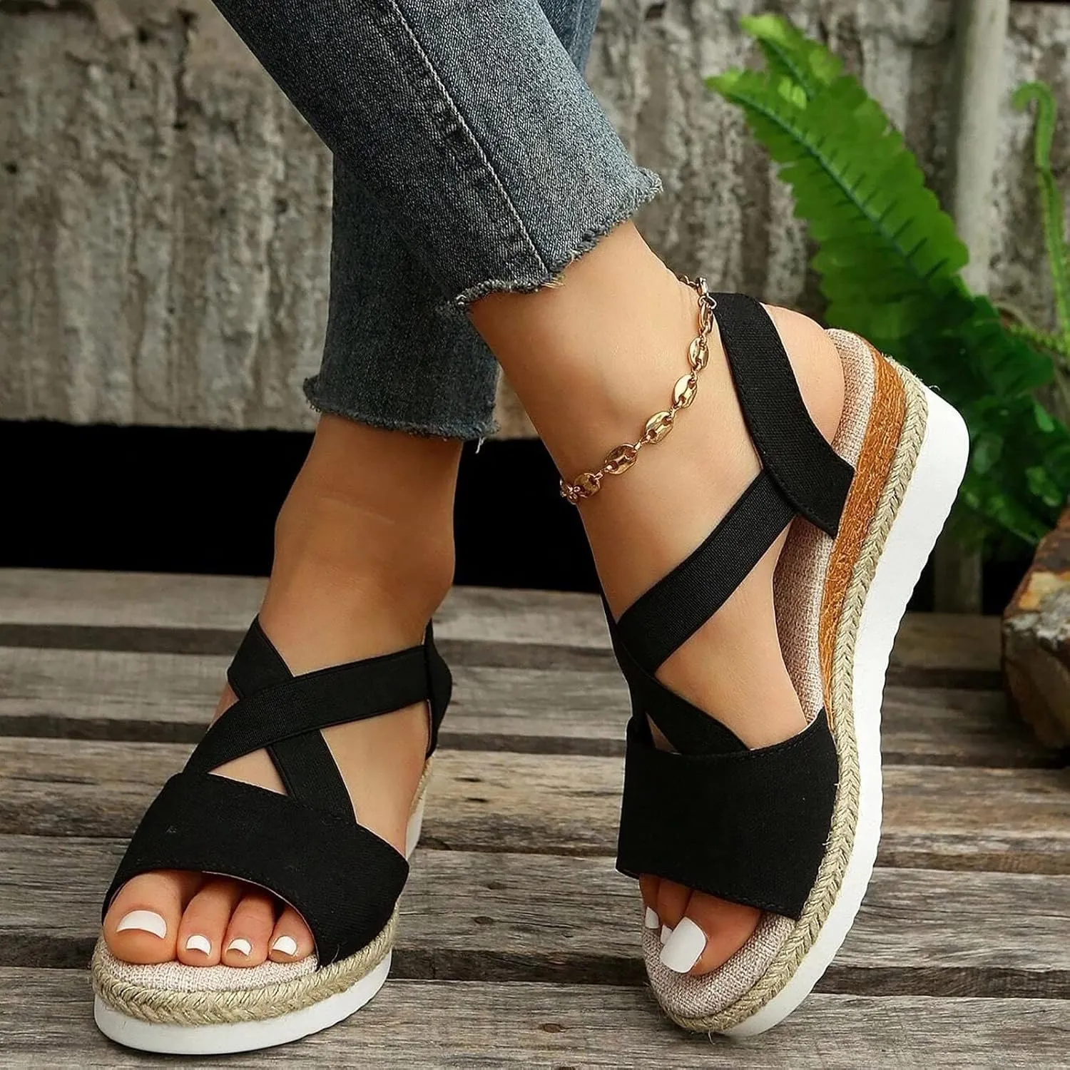 Eduavar Womens Sandals Summer Comfortable Open Toe Buckle Ankle Strap Espadrilles Flatform Wedge Casual Shoes Soft Footbed