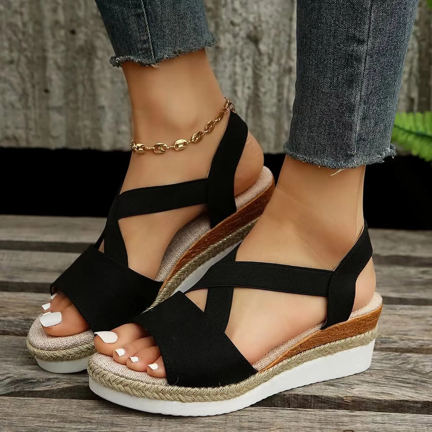 Eduavar Womens Sandals Summer Comfortable Open Toe Buckle Ankle Strap Espadrilles Flatform Wedge Casual Shoes Soft Footbed