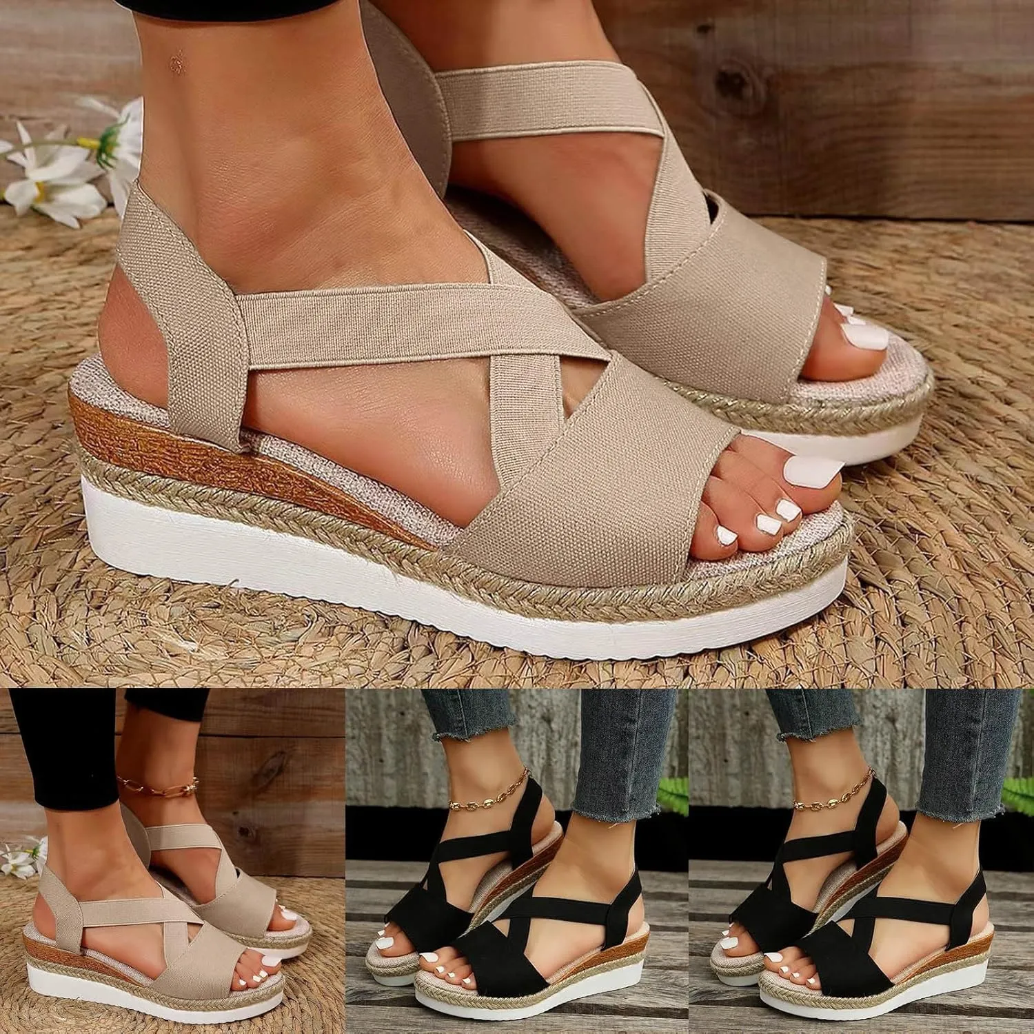 Eduavar Womens Sandals Summer Comfortable Open Toe Buckle Ankle Strap Espadrilles Flatform Wedge Casual Shoes Soft Footbed