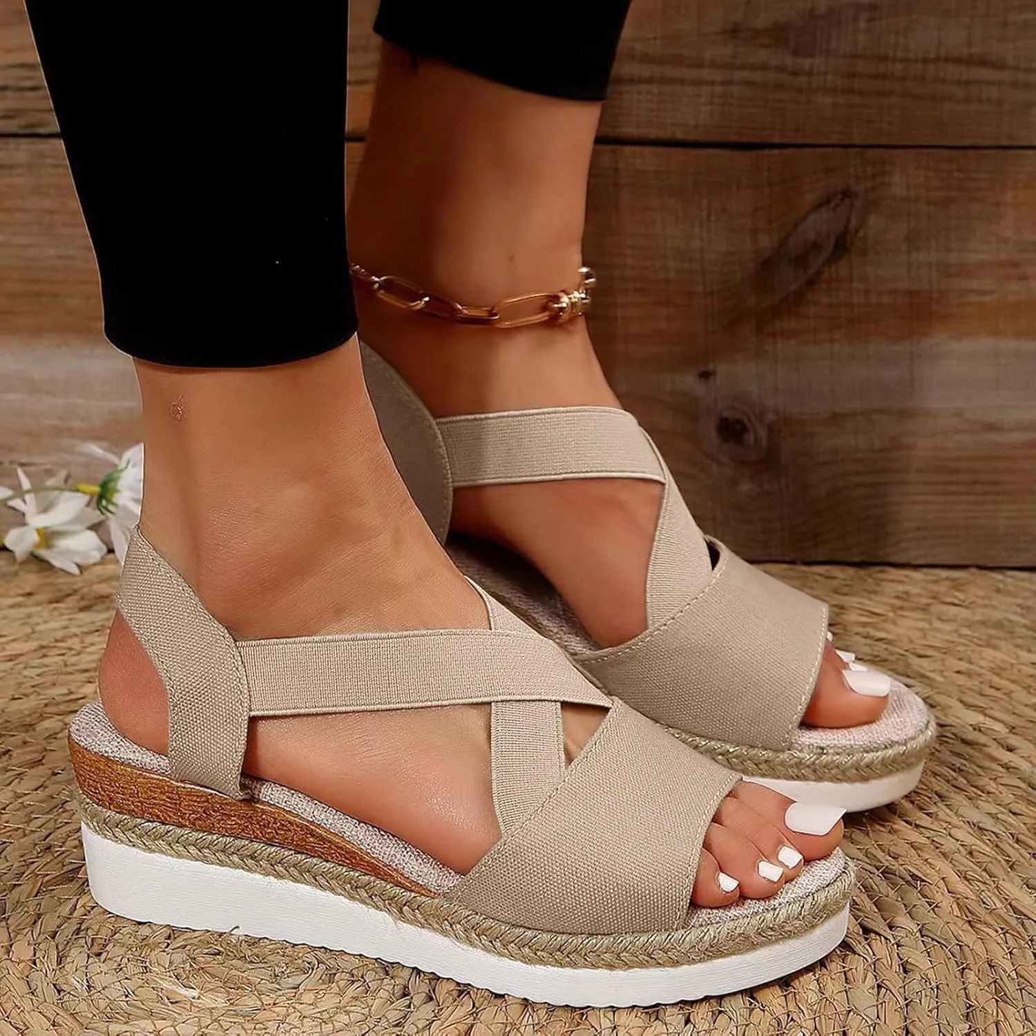 Eduavar Womens Sandals Summer Comfortable Open Toe Buckle Ankle Strap Espadrilles Flatform Wedge Casual Shoes Soft Footbed