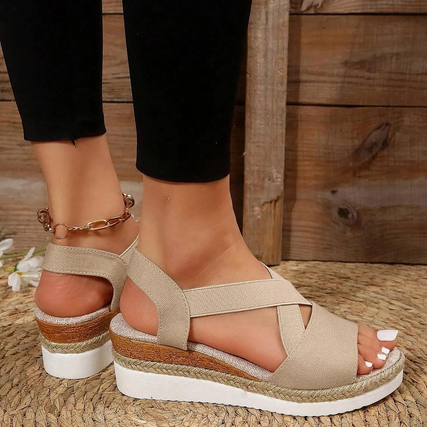 Eduavar Womens Sandals Summer Comfortable Open Toe Buckle Ankle Strap Espadrilles Flatform Wedge Casual Shoes Soft Footbed