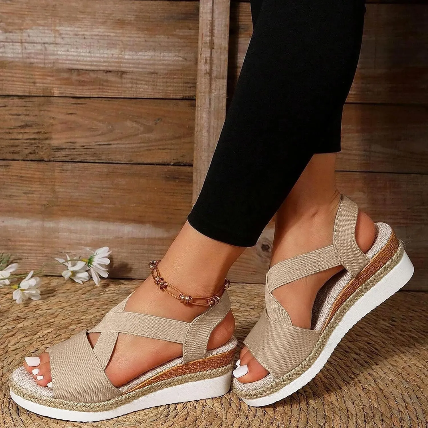Eduavar Womens Sandals Summer Comfortable Open Toe Buckle Ankle Strap Espadrilles Flatform Wedge Casual Shoes Soft Footbed