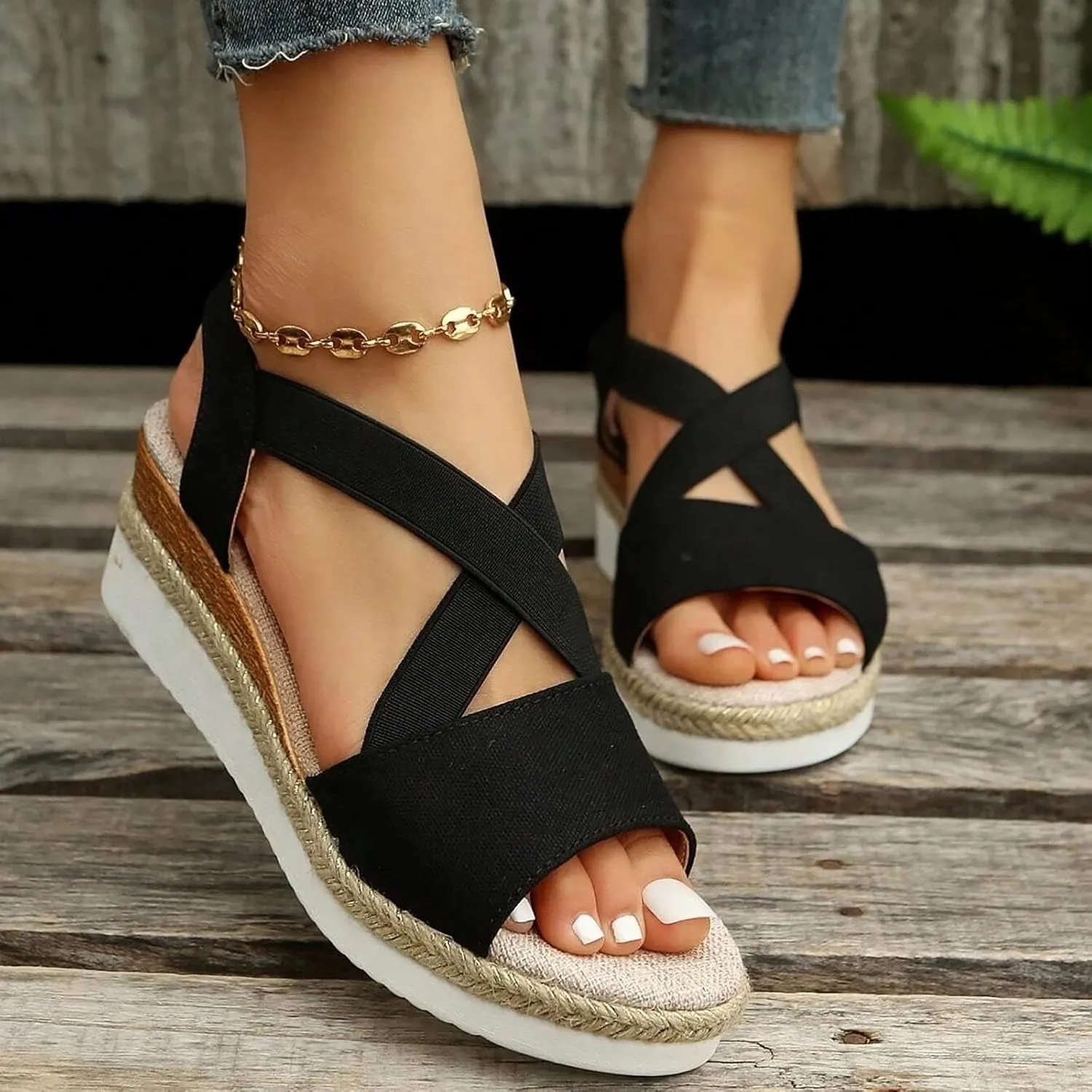 Eduavar Womens Sandals Summer Comfortable Open Toe Buckle Ankle Strap Espadrilles Flatform Wedge Casual Shoes Soft Footbed
