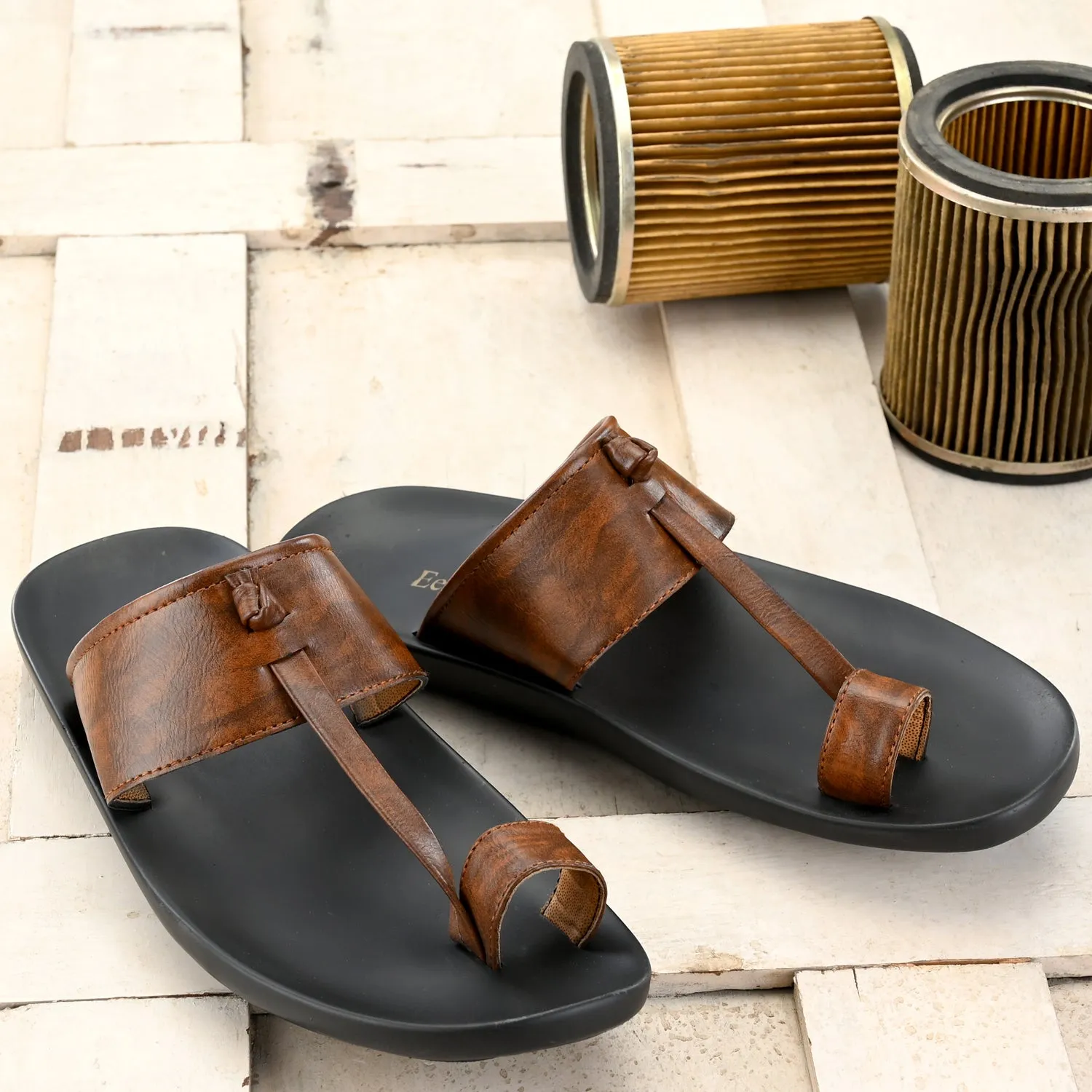 Eego Italy Men's Kolhapuri Thong Slippers KM-1-BROWN