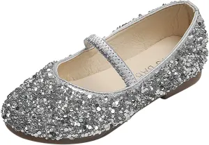 EnJoCho Baby Cute Girls Dress Shoes Shoes for Girls Comfortable PU Flats School Shoes for Mary Jane (Silver-b#wer, 2-2.5 Years)