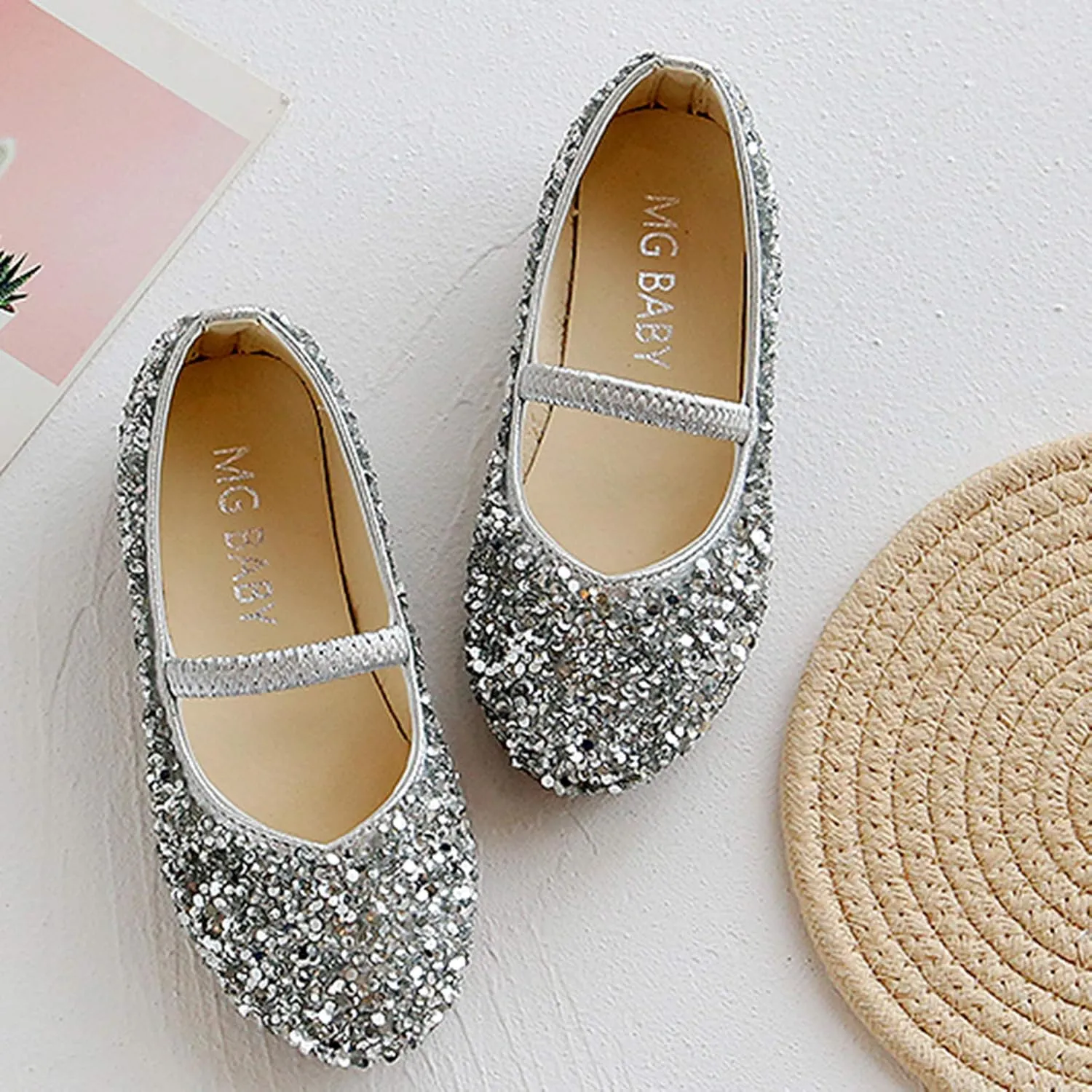 EnJoCho Baby Shoes,Flower Girls Dress Shoes Wedding Party Heel Mary Jane Princess Shoes Dance Flats for Kid Toddler 1-12Years (Silver-15#, 18-24Months)