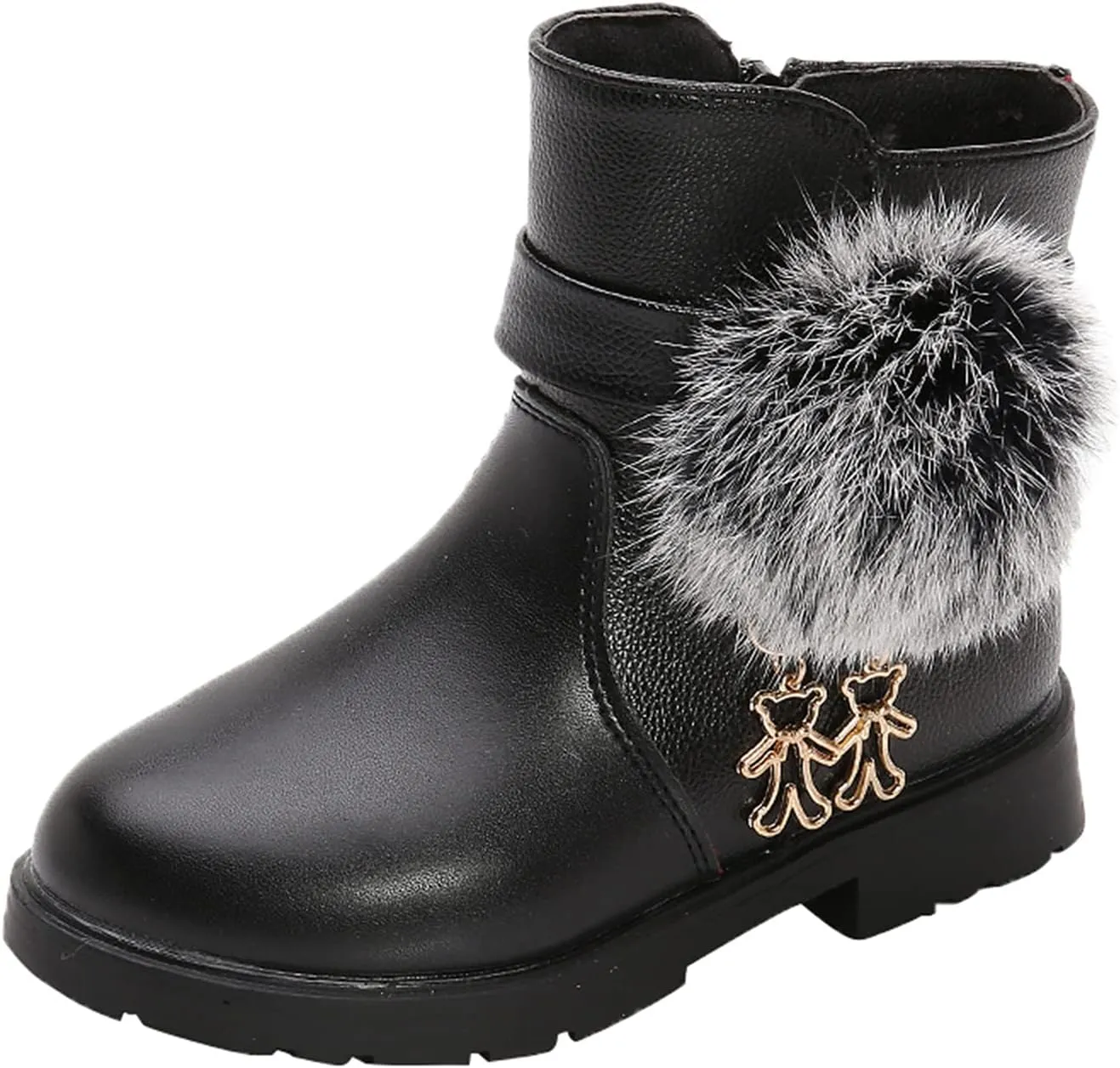 EnJoCho Kids Baby Girls PU Leather Hairball Princess Shoes Fashion Bowkont Side Zipper Snow Boots for Children 4-13Years (Black-7#, 12-12.5Years)