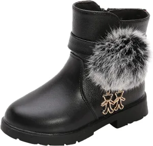 EnJoCho Kids Baby Girls PU Leather Hairball Princess Shoes Fashion Bowkont Side Zipper Snow Boots for Children 4-13Years (Black-7#, 12-12.5Years)