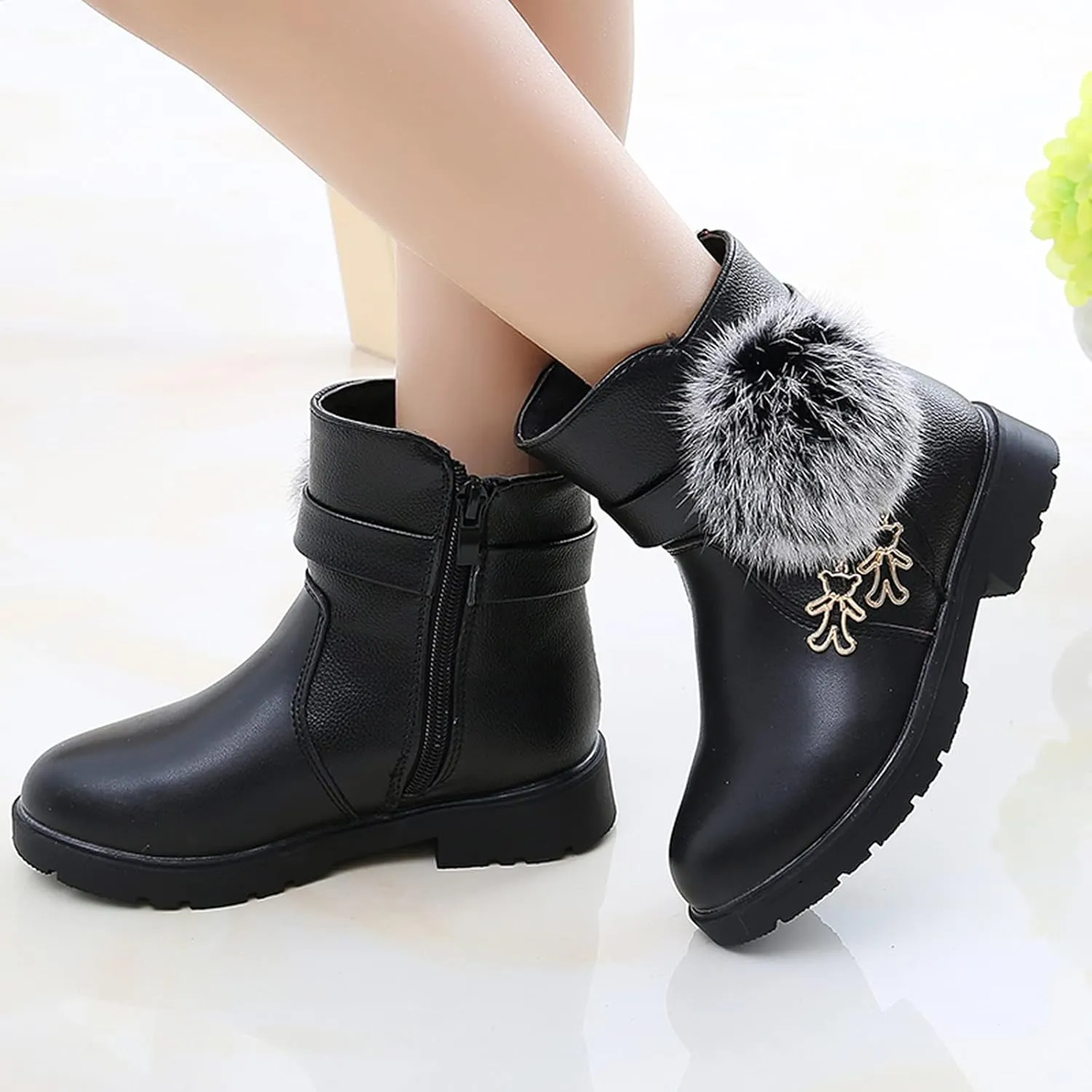 EnJoCho Kids Baby Girls PU Leather Hairball Princess Shoes Fashion Bowkont Side Zipper Snow Boots for Children 4-13Years (Black-7#, 12-12.5Years)
