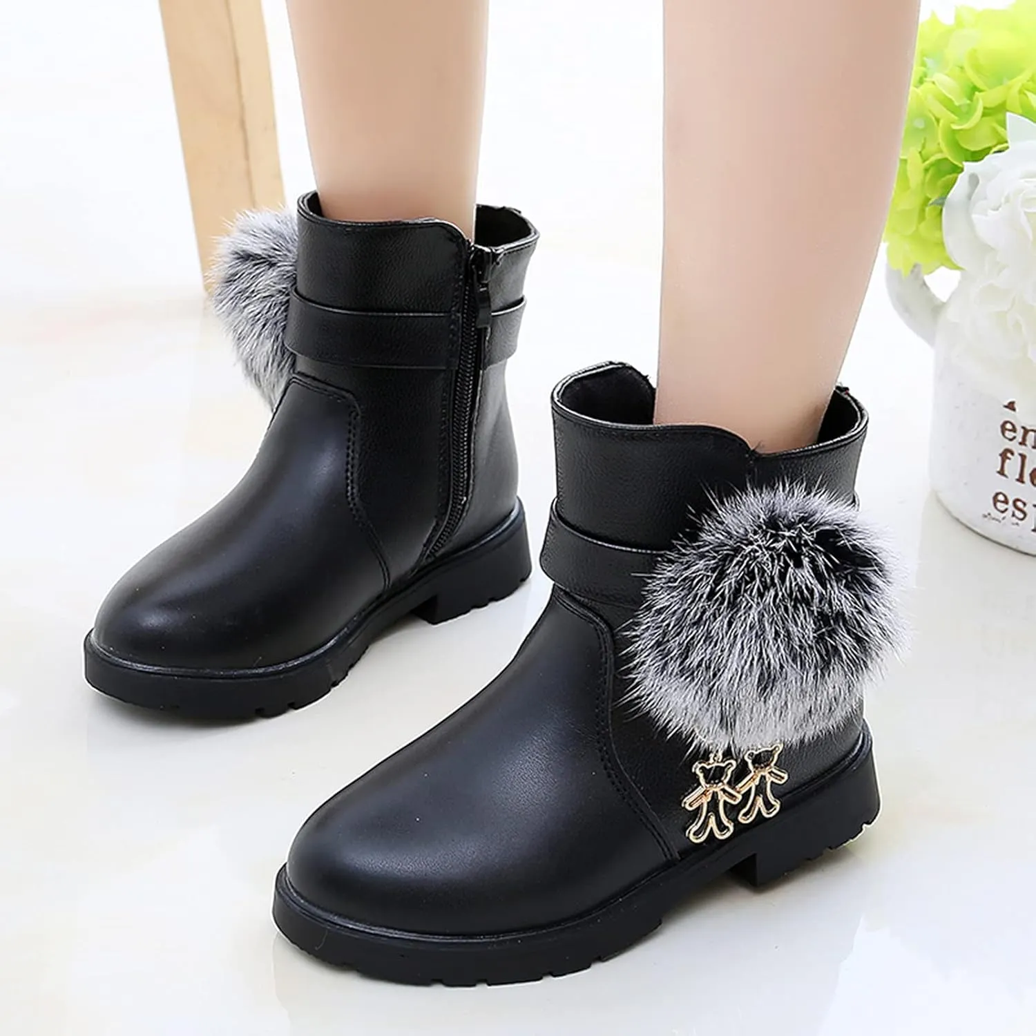 EnJoCho Kids Baby Girls PU Leather Hairball Princess Shoes Fashion Bowkont Side Zipper Snow Boots for Children 4-13Years (Black-7#, 12-12.5Years)
