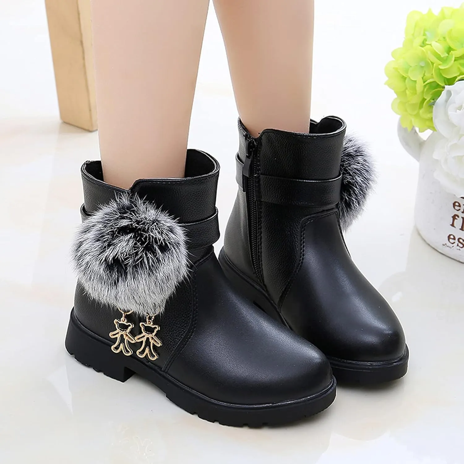 EnJoCho Kids Baby Girls PU Leather Hairball Princess Shoes Fashion Bowkont Side Zipper Snow Boots for Children 4-13Years (Black-7#, 12-12.5Years)