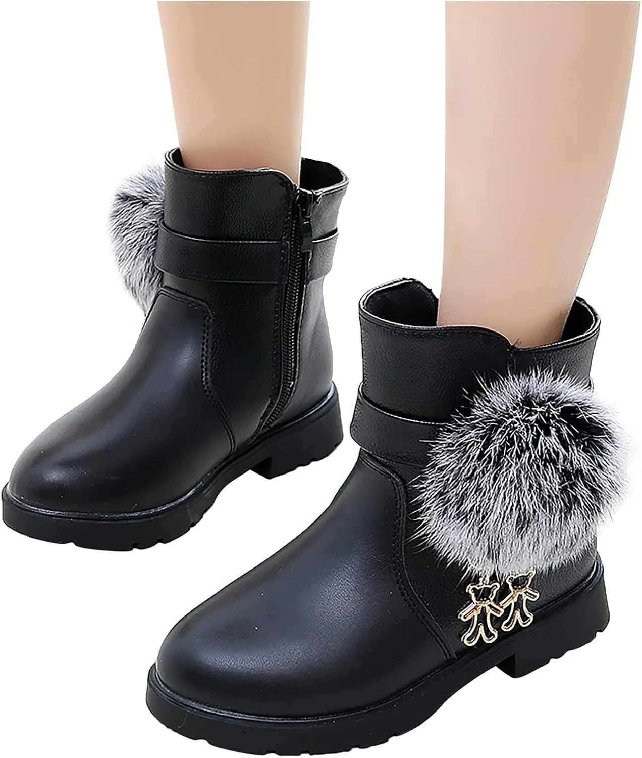 EnJoCho Kids Baby Girls PU Leather Hairball Princess Shoes Fashion Bowkont Side Zipper Snow Boots for Children 4-13Years (Black-7#, 12-12.5Years)
