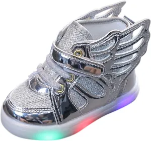 EnJoCho Kids Boys Girls LED Lights Luminous Sports Shoes Sneakers Athletic Wings Trainers High-top Shoes for 1-6Years Old (Silver-03A#, 15-18Months)