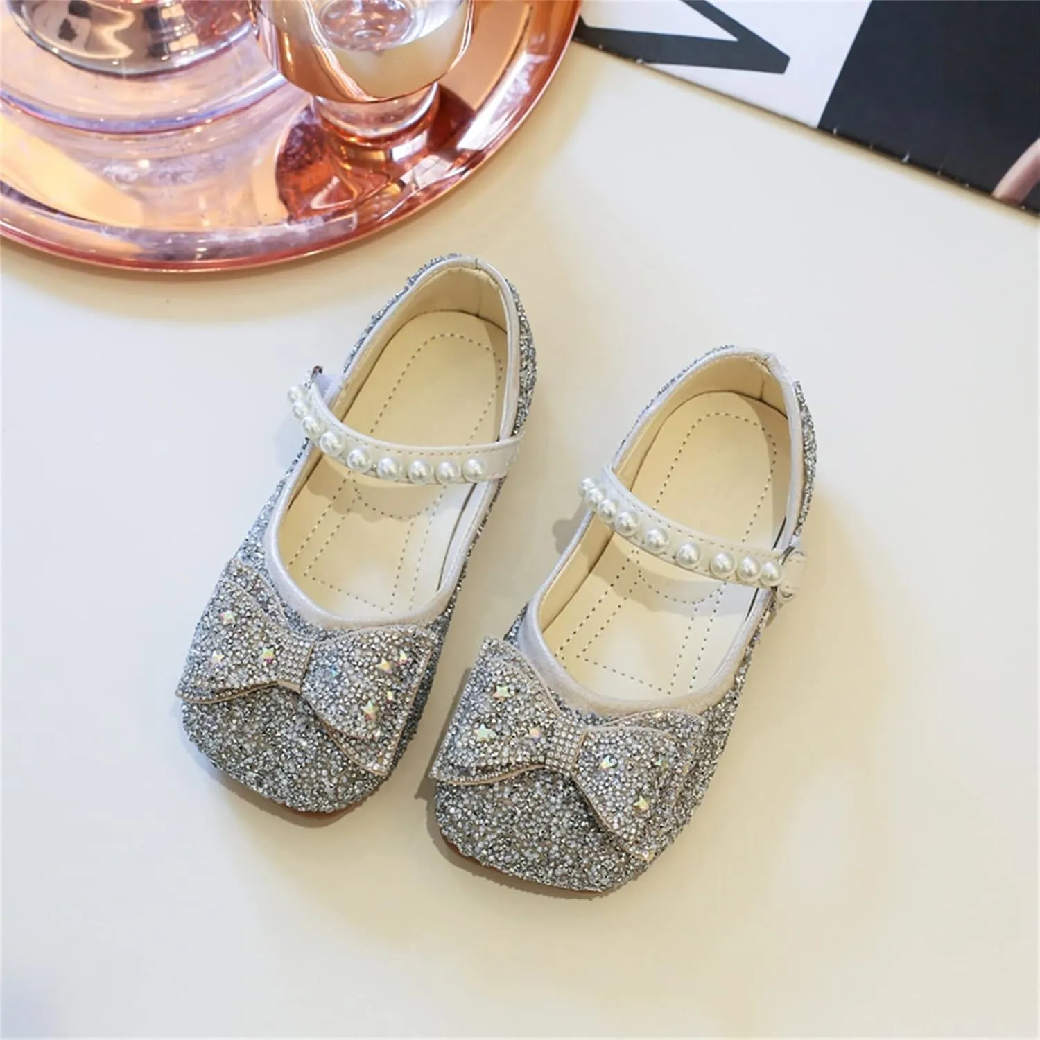 EnJoCho Toddler Summer Spring Foot Warmer Bowknot Performance Dance Shoes For Girls Childrens Shoes Pearl Rhinestones