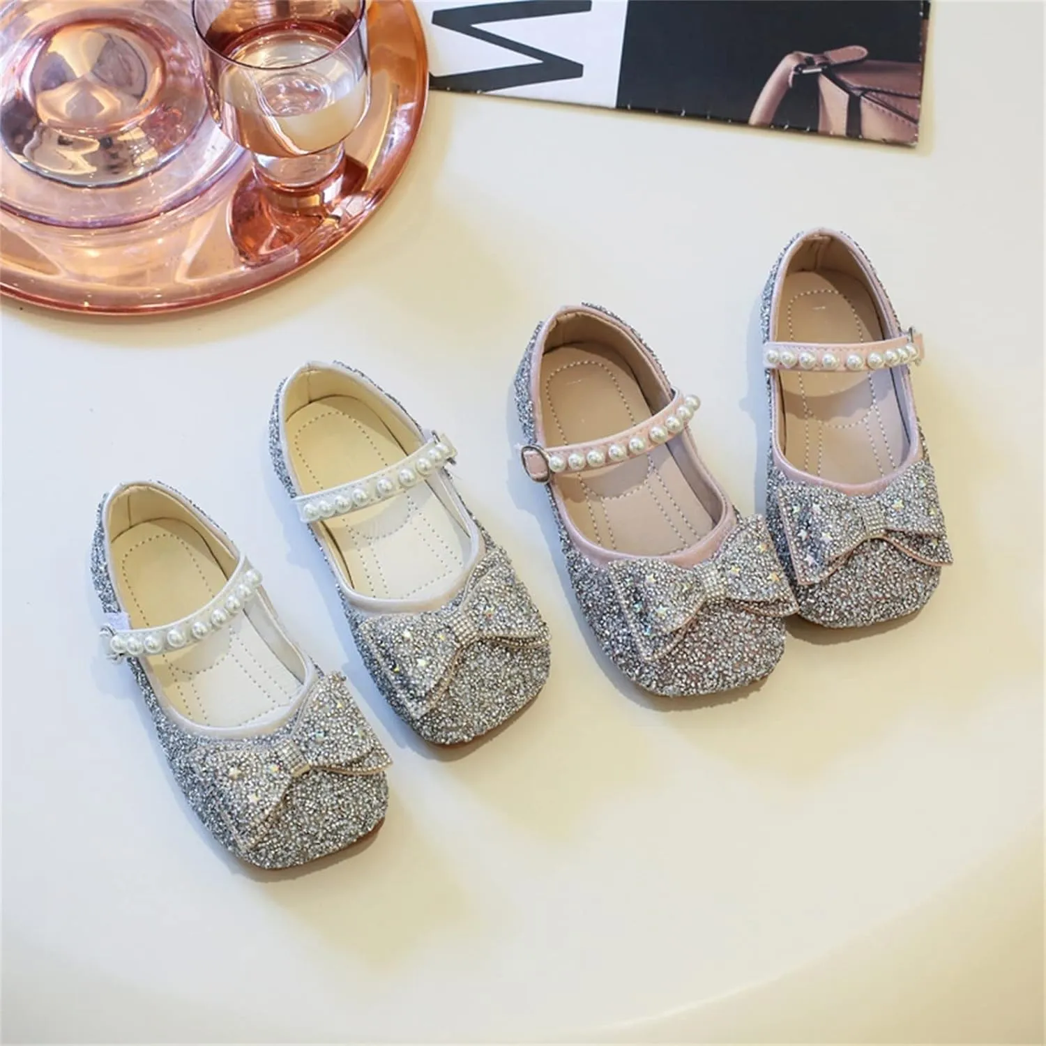 EnJoCho Toddler Summer Spring Foot Warmer Bowknot Performance Dance Shoes For Girls Childrens Shoes Pearl Rhinestones