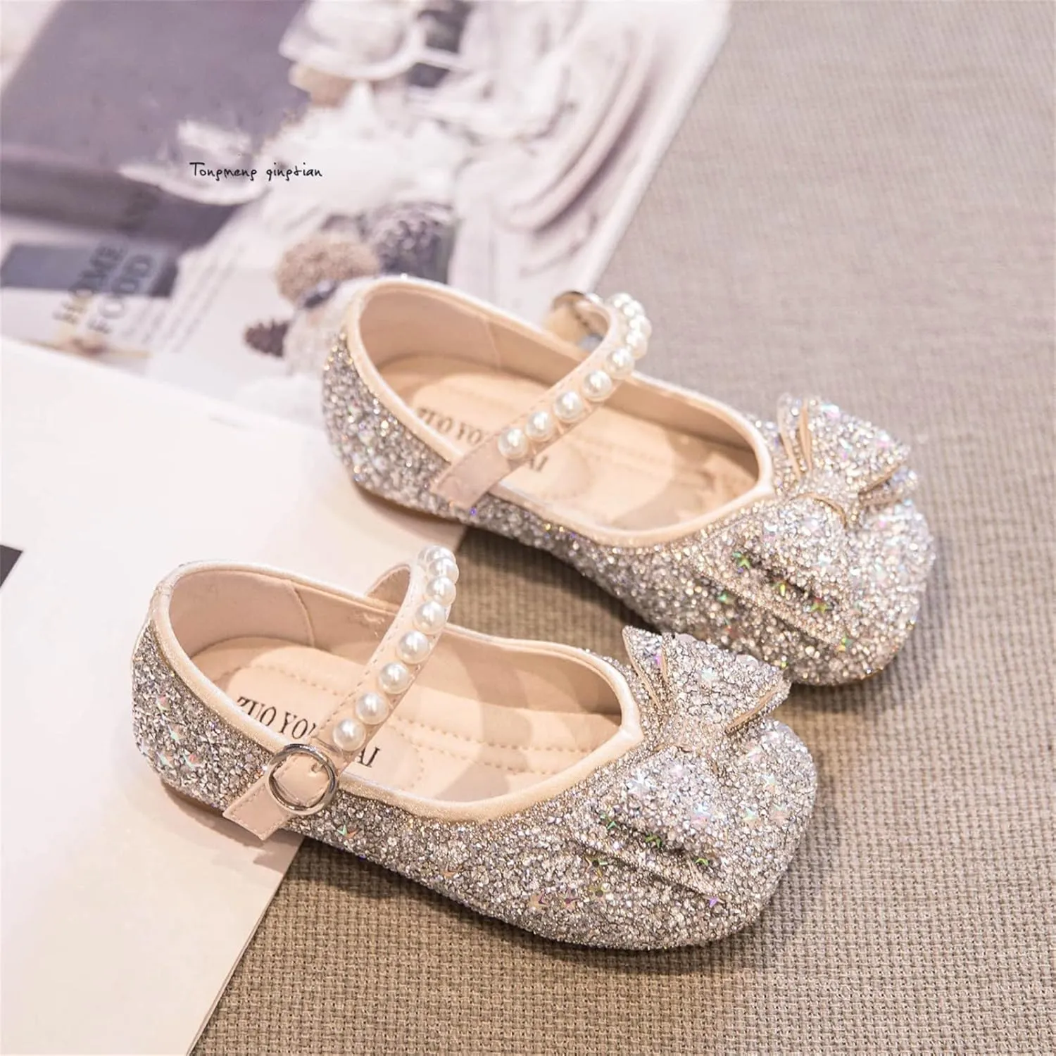 EnJoCho Toddler Summer Spring Foot Warmer Bowknot Performance Dance Shoes For Girls Childrens Shoes Pearl Rhinestones