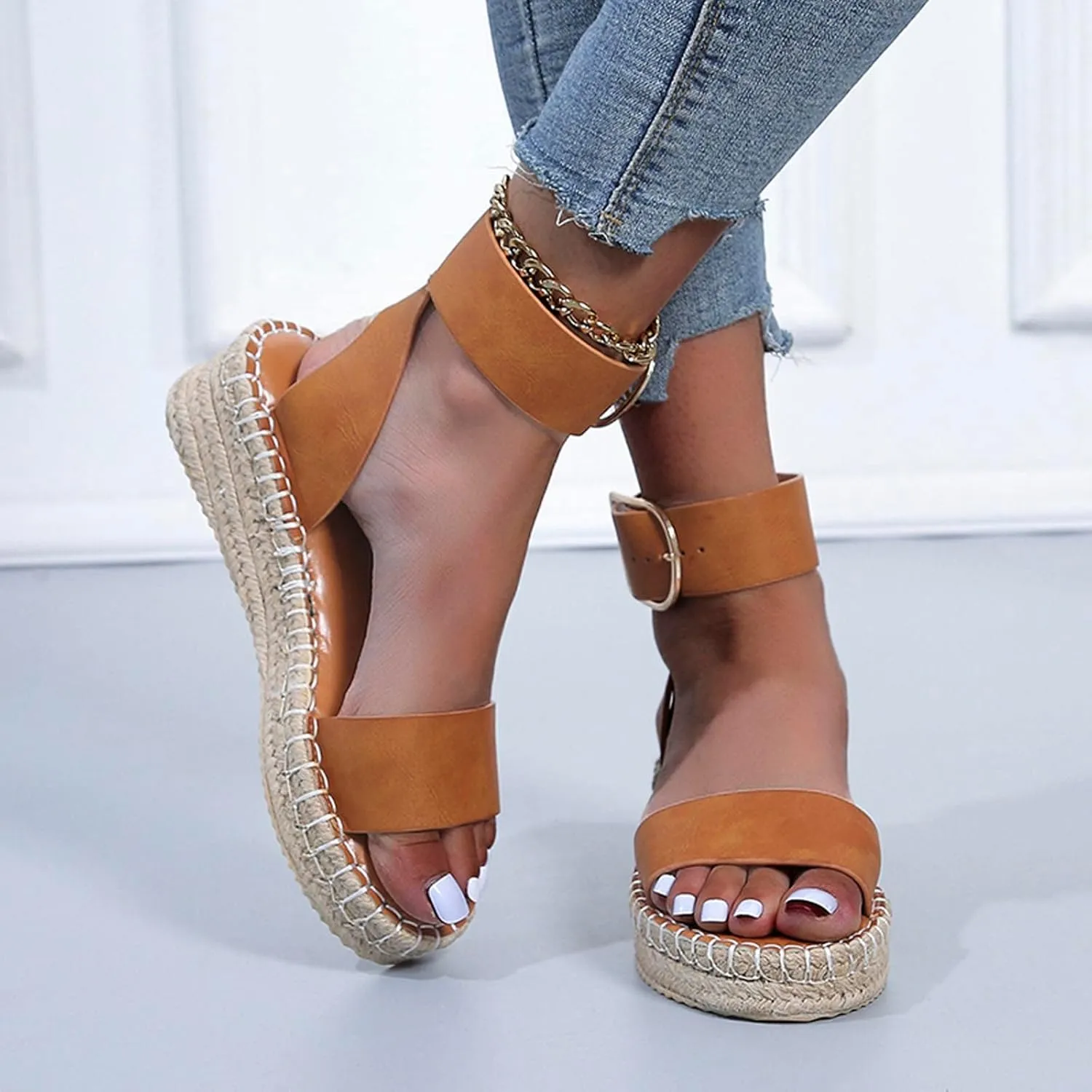 Espadrille Sandals for Women Summer Platform Wedge Casual Sandals Dressy Open Toe Slip on Buckle Ankle Strap Sandal