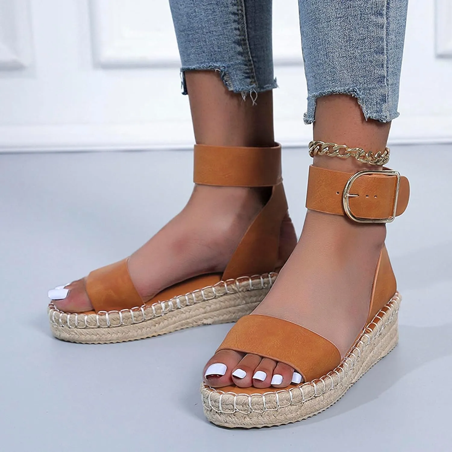 Espadrille Sandals for Women Summer Platform Wedge Casual Sandals Dressy Open Toe Slip on Buckle Ankle Strap Sandal