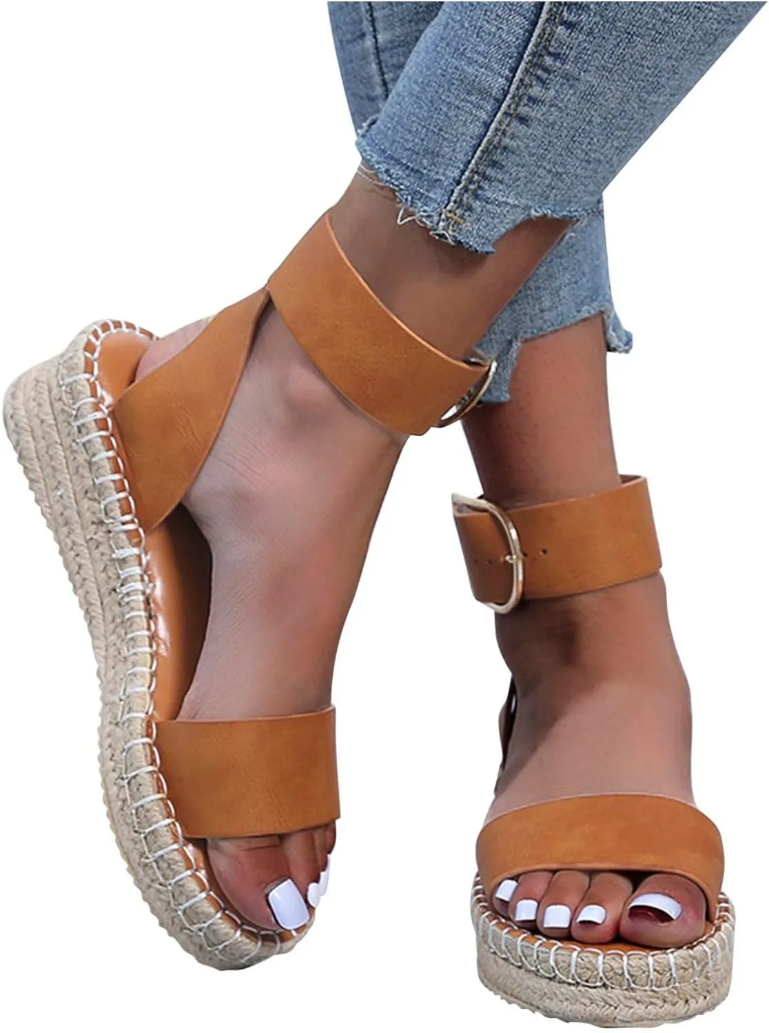 Espadrille Sandals for Women Summer Platform Wedge Casual Sandals Dressy Open Toe Slip on Buckle Ankle Strap Sandal