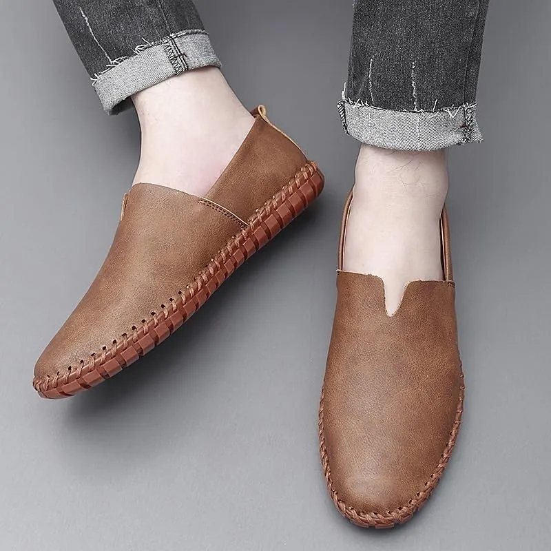 Fashion Mens Shoes Leather Classic Solid Color Anti-Slip Non Slip Rubber Sole Block Heel Working Slip-on