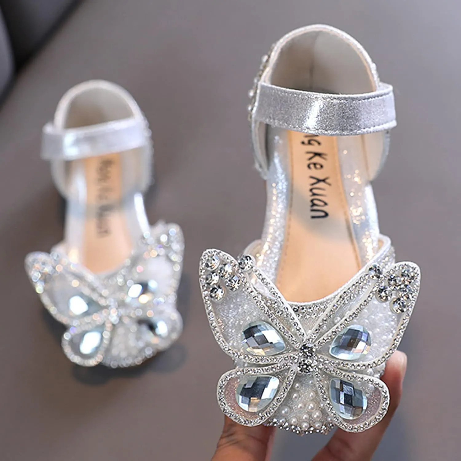 Fashion Spring and Summer Girls Sandals Dress Dance Show Princess Shoes Pearl Rhinestone Mesh Big Bow Girl Wedges (Silver, 8-9 Years Little Child)