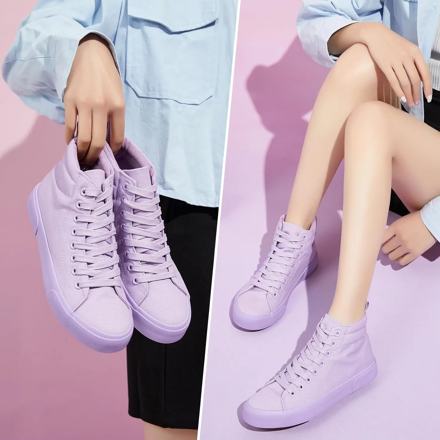 FINIWOR Womens High top Sneakers Canvas Shoes Lace up Black Sneakers Casual Shoes for Women