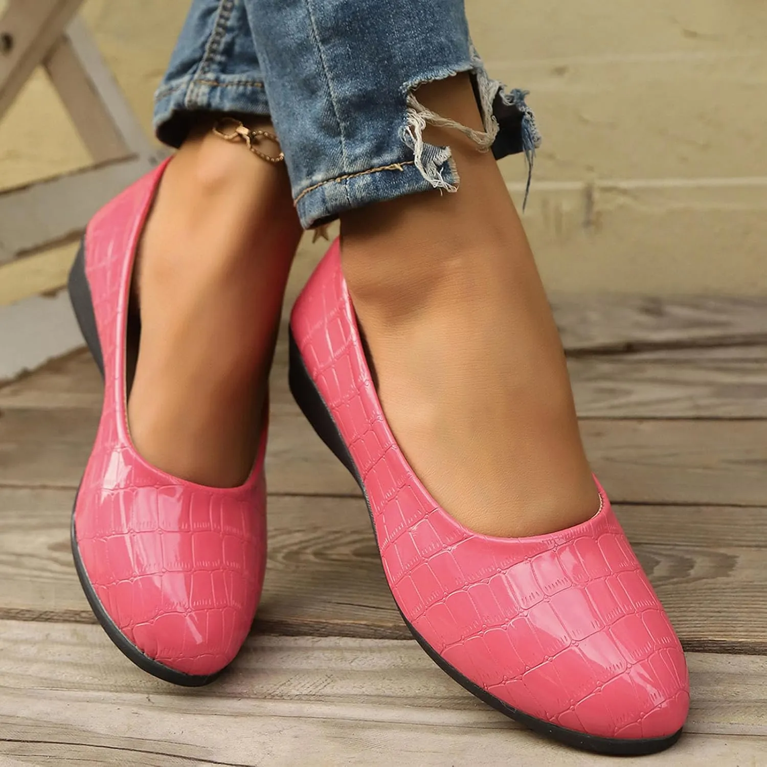 Flats for Women Soft Ballet Shoes Comfortable PU Leather Dressy Flat Shoes Round Toe Slip on Walking, Driving, Work