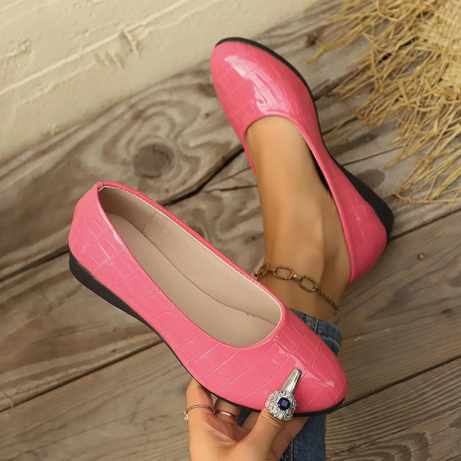 Flats for Women Soft Ballet Shoes Comfortable PU Leather Dressy Flat Shoes Round Toe Slip on Walking, Driving, Work