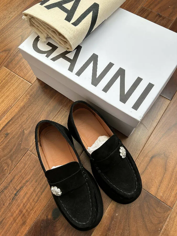 Ganni women's black suede platform loafers with crystal flower embellishment