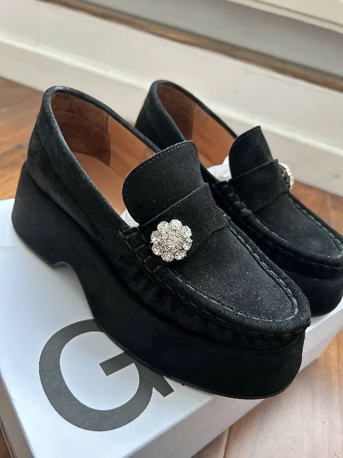 Ganni women's black suede platform loafers with crystal flower embellishment