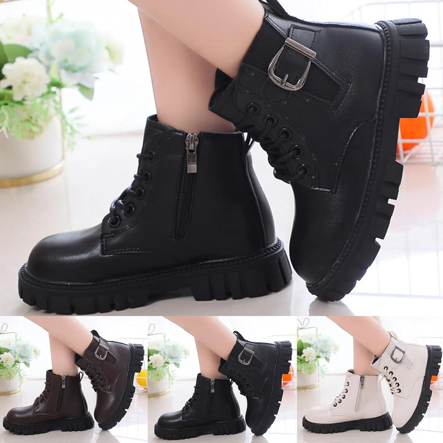 Girls Ankle Boots Combat Boots Lace Up Non-Slip Cowgirl Boots Comfortable Toddler Boots for Infant Toddler Little Kid