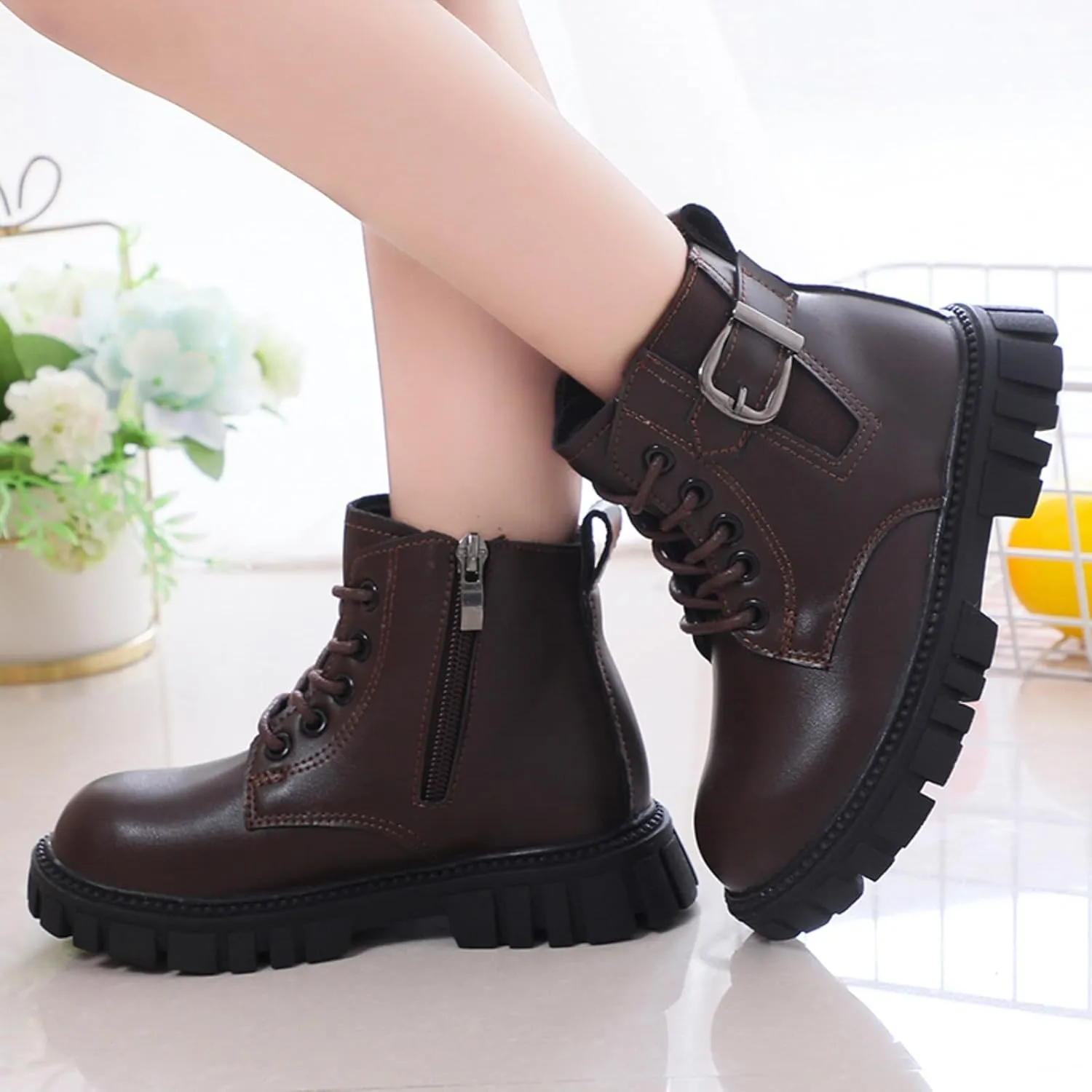 Girls Ankle Boots Combat Boots Lace Up Non-Slip Cowgirl Boots Comfortable Toddler Boots for Infant Toddler Little Kid