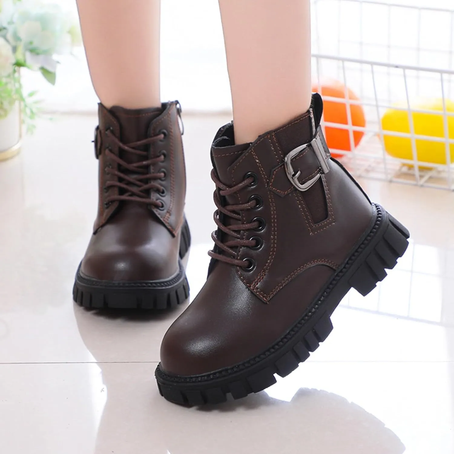 Girls Ankle Boots Combat Boots Lace Up Non-Slip Cowgirl Boots Comfortable Toddler Boots for Infant Toddler Little Kid