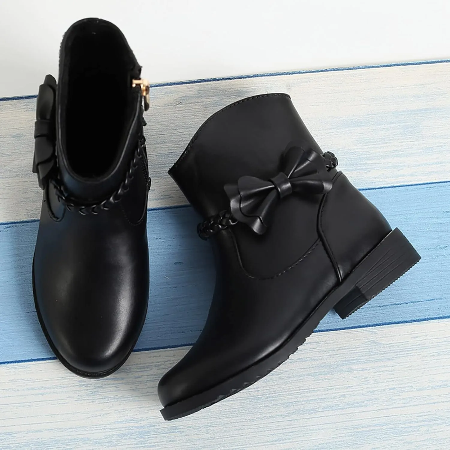 Girls Bow Decor Braided Detail Zip Side Western Boots Kids Ankle Boots Girls Low Heel Riding Booties Girls Boot Cuffs