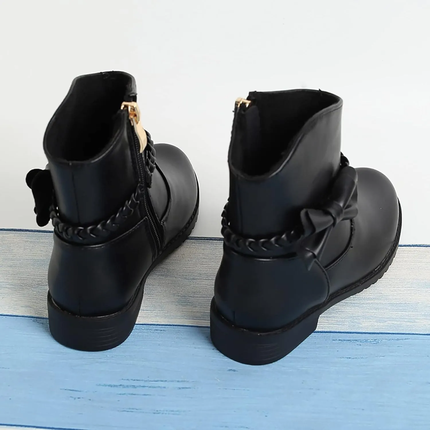 Girls Bow Decor Braided Detail Zip Side Western Boots Kids Ankle Boots Girls Low Heel Riding Booties Girls Boot Cuffs
