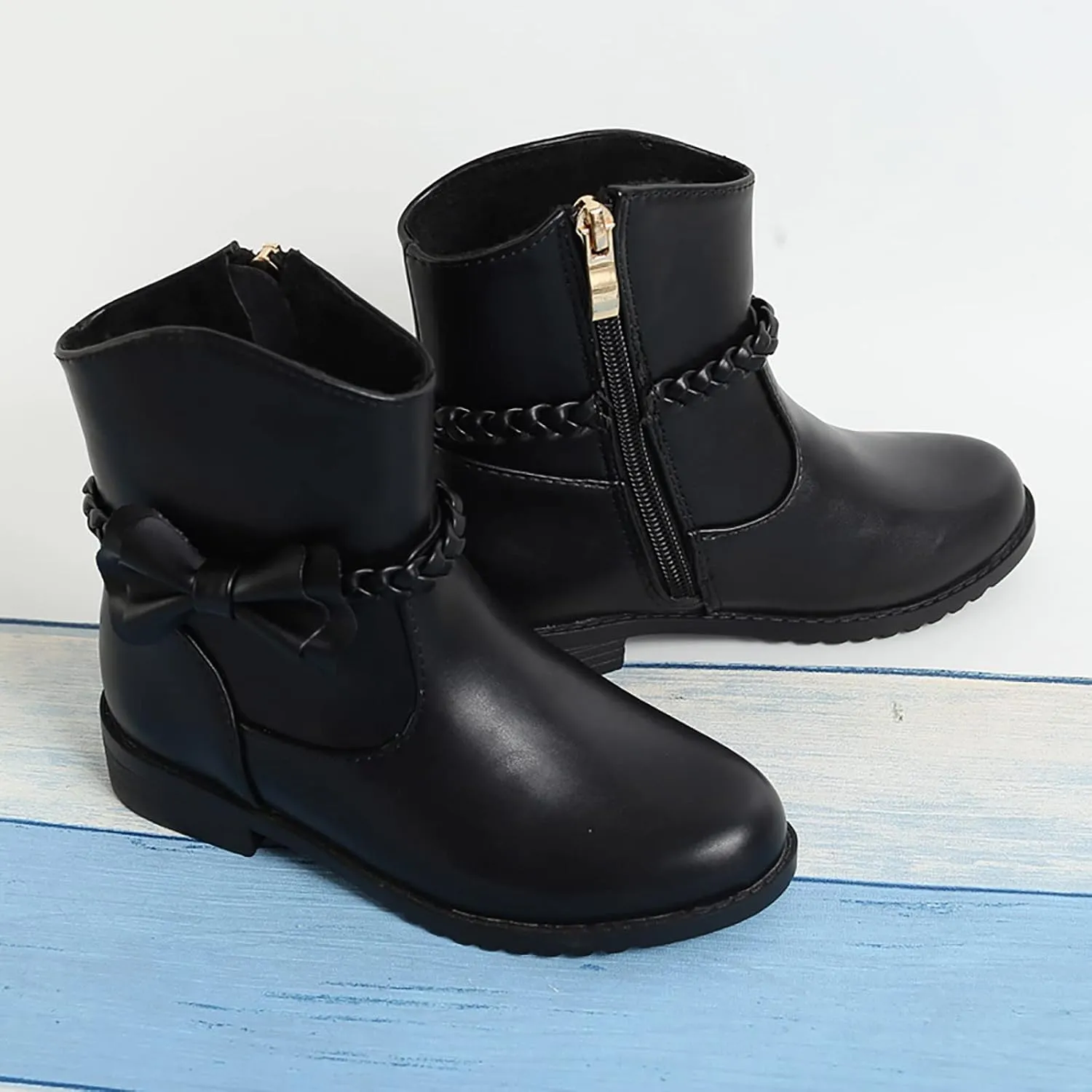 Girls Bow Decor Braided Detail Zip Side Western Boots Kids Ankle Boots Girls Low Heel Riding Booties Girls Boot Cuffs