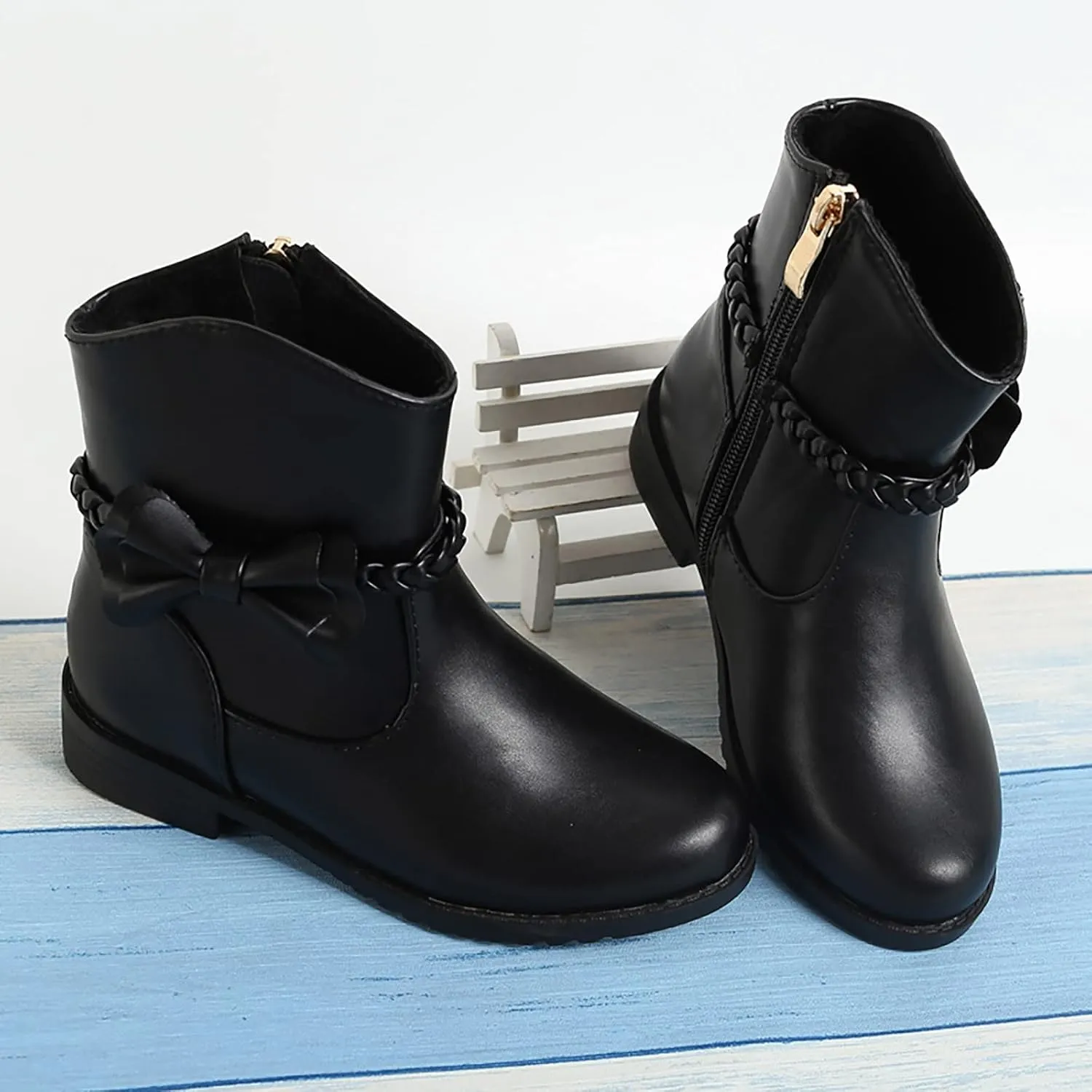 Girls Bow Decor Braided Detail Zip Side Western Boots Kids Ankle Boots Girls Low Heel Riding Booties Girls Boot Cuffs