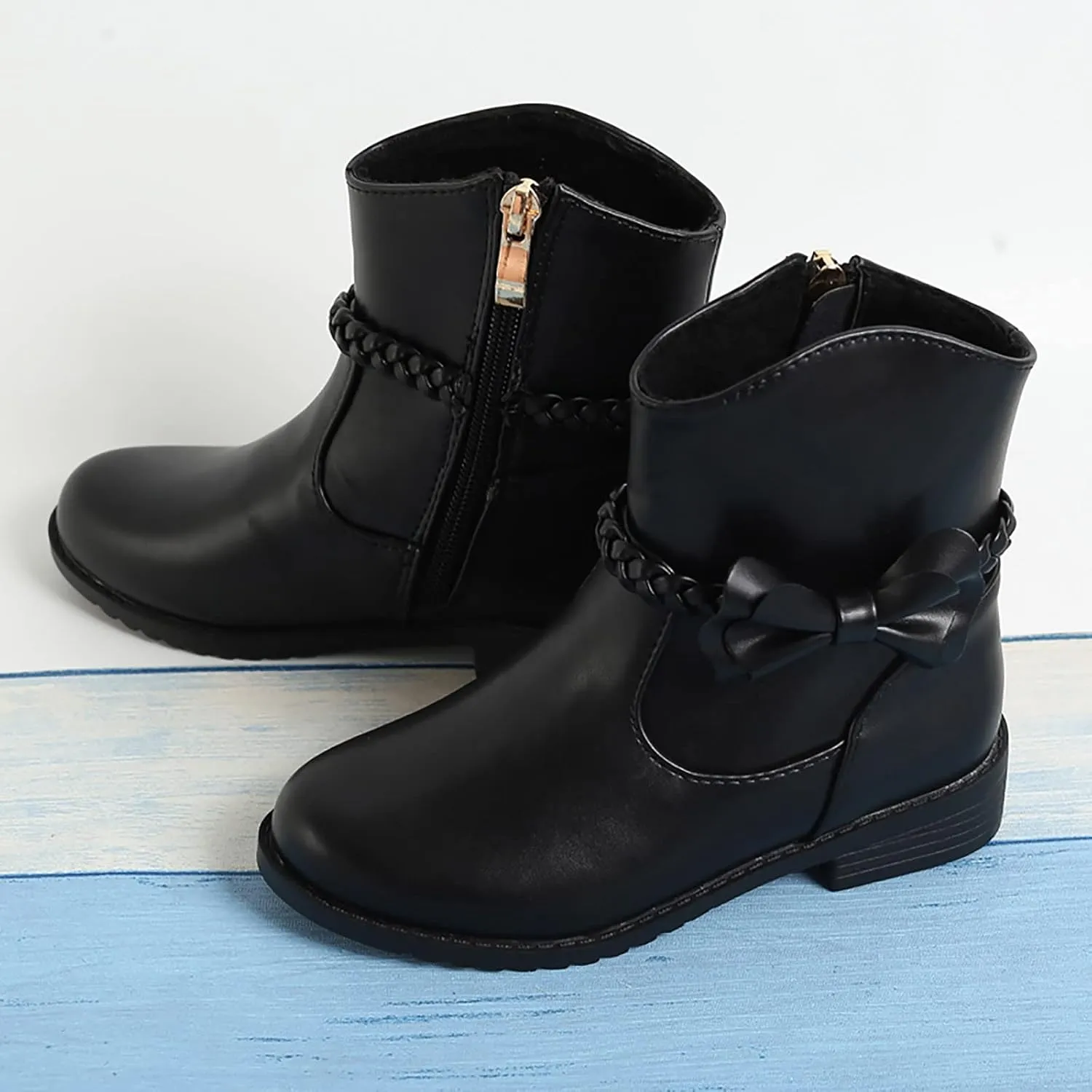 Girls Bow Decor Braided Detail Zip Side Western Boots Kids Ankle Boots Girls Low Heel Riding Booties Girls Boot Cuffs