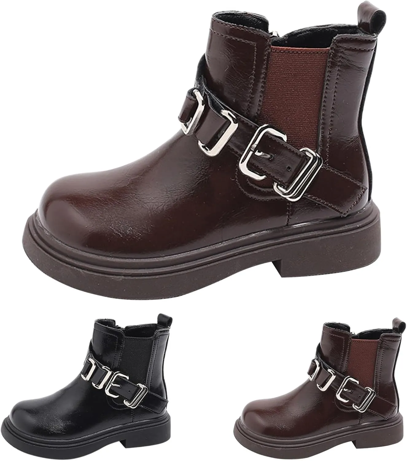 Girls Buckle Ankle Boots with Side Zipper Low Heels Soft Rubber Bottoms Hiking Shoes for Toddler/Little/Big Kids